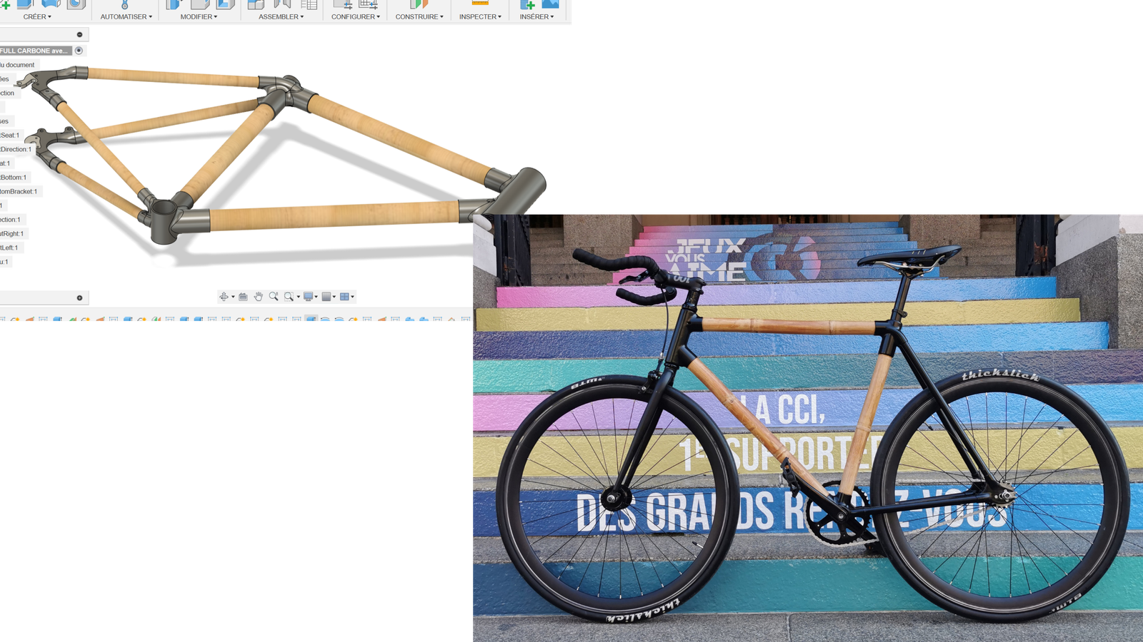 Vélo imprimé en 3D avec tubes en bambou. Photo prise à Lille devant la CCI